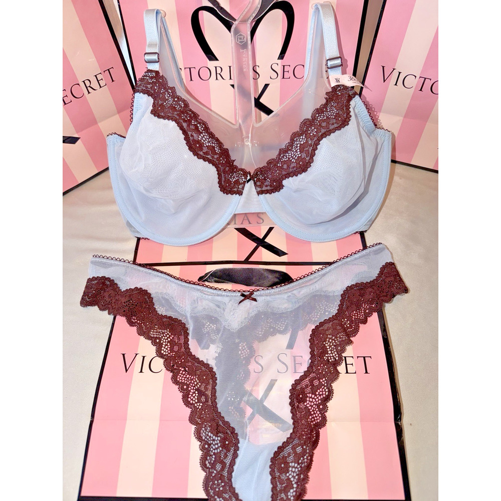 Victoria's Secret Bra Unlined Tease 34DD Small Sheer Cheeky Panty Blue & Brown